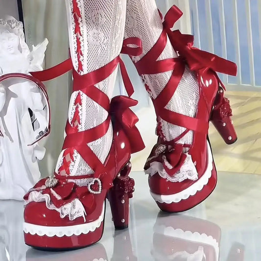 Women Leather High Heels Size 42 Red Rhinestone Alien Heel Japanese Cosplay