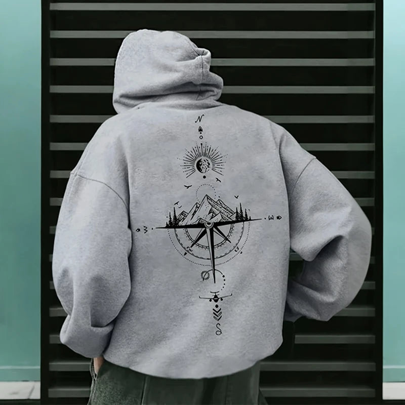 Vintage Compass Print Hoodies for Men High Quality Hooded Long Sleeve Pullover All Season Daily Casual Sports Tops Men's Clothes
