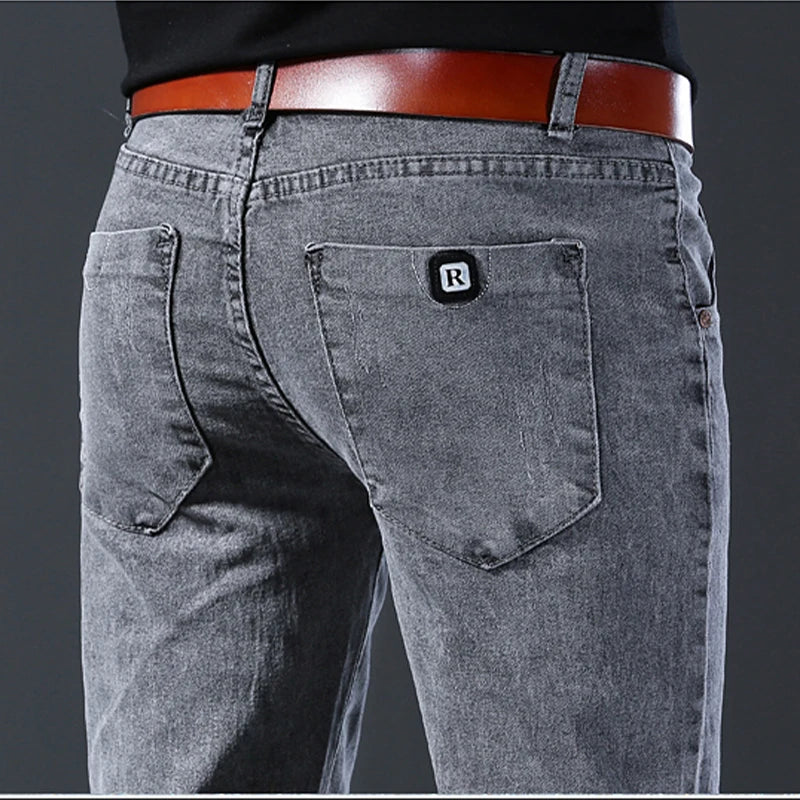 Men's Slim Fit Jeans Gray Elastic Mid-Waist Denim Straight Leg