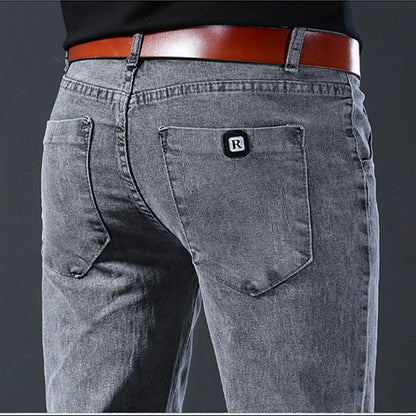 Men's Slim Fit Jeans Gray Elastic Mid-Waist Denim Straight Leg