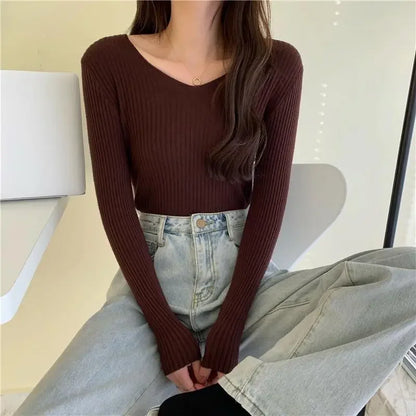 Women's V-Neck Knitted Pullover, Long Sleeve Slim Fit Jersey Top