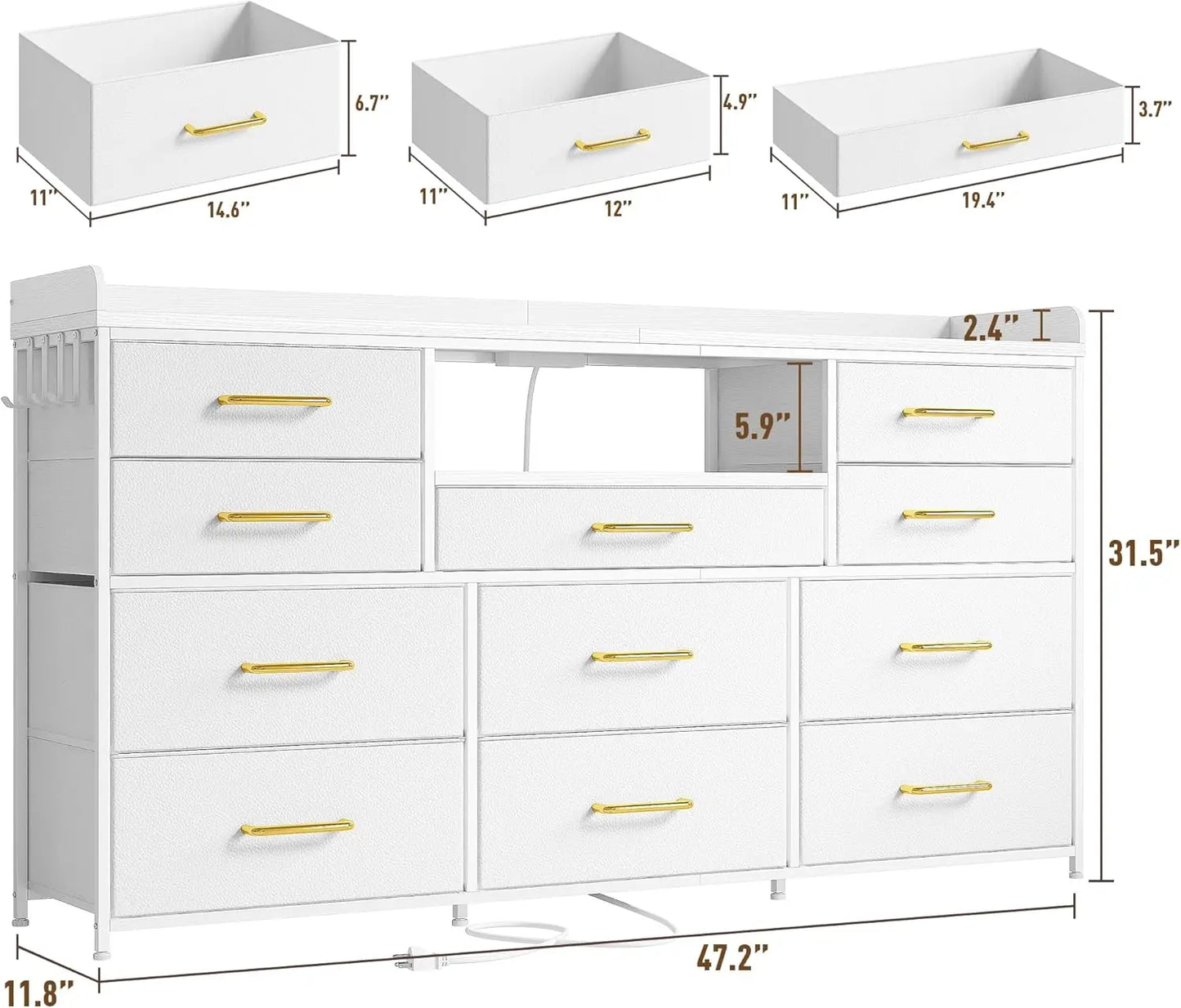 Dresser for Bedroom with 11 Drawers for 60" TV Stand for Bedroom with LED Lights & Charging Station Long Dresser with Shelves