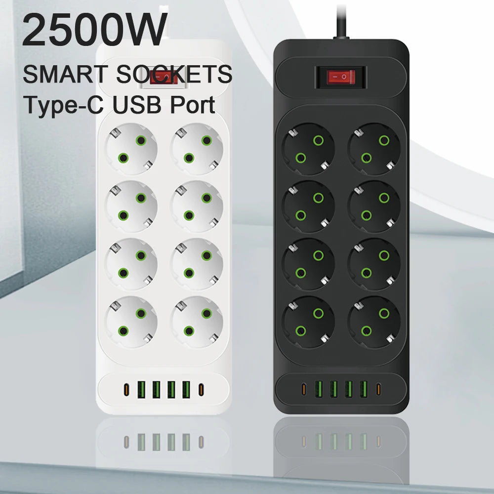 EU Plug 3-Outlet Power Strip With USB Surge Protector 2m Extension Cord Plastic