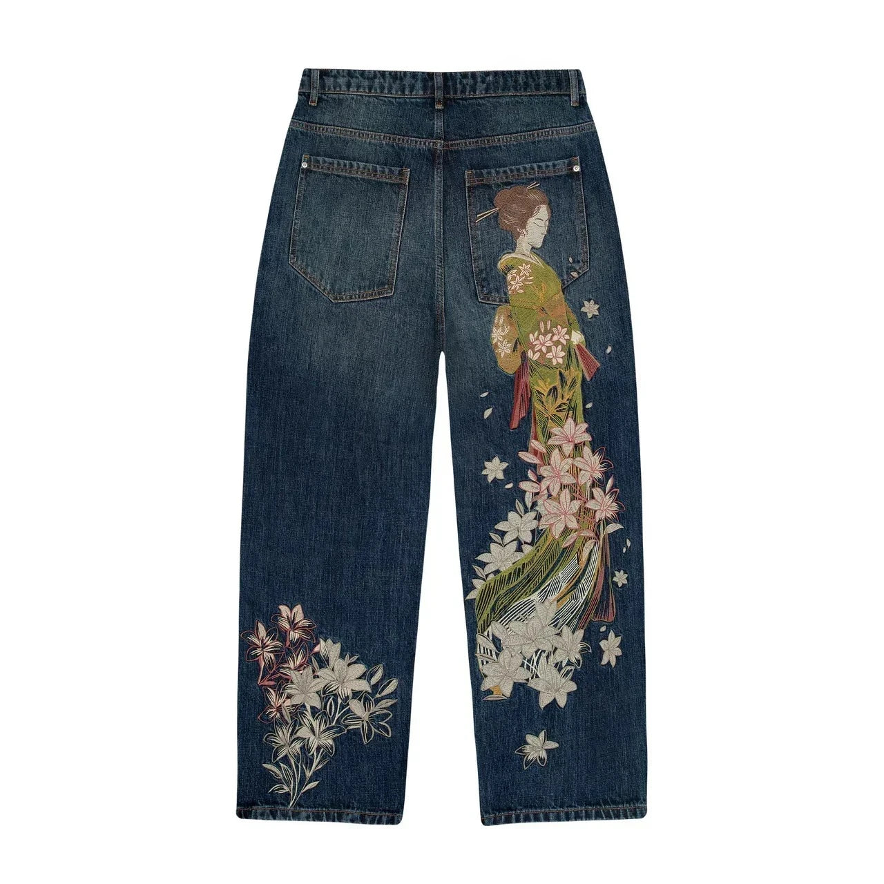 Unisex Denim Jeans With Plum Blossom Embroidery Wide Leg