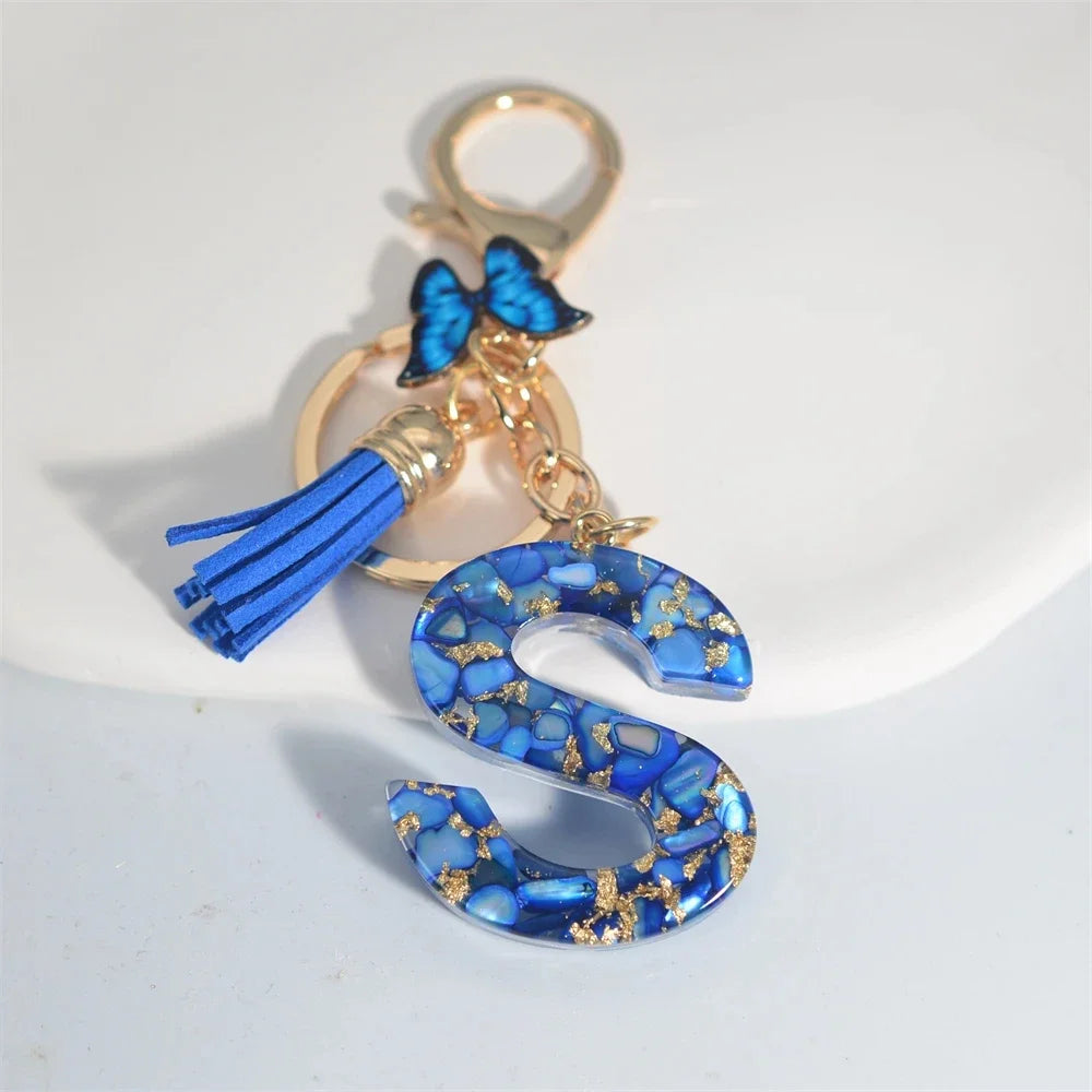 4. Fashion A–Z Letter Keychain with Blue Stone and Butterfly Tassel Pendant