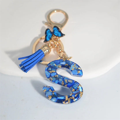 AZ Letter Keychain With Blue Stone And Butterfly Tassel Pendant