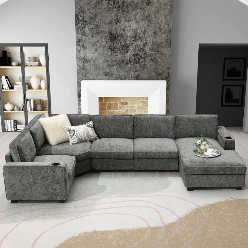 Modern U-Shaped Cloud Couch Set with Oversized Chaise Lounge, with Cup Holders for Living Room Dark Gray