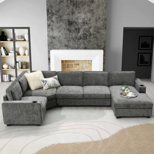 Modern U-Shaped Cloud Couch Set with Oversized Chaise Lounge, with Cup Holders for Living Room Dark Gray