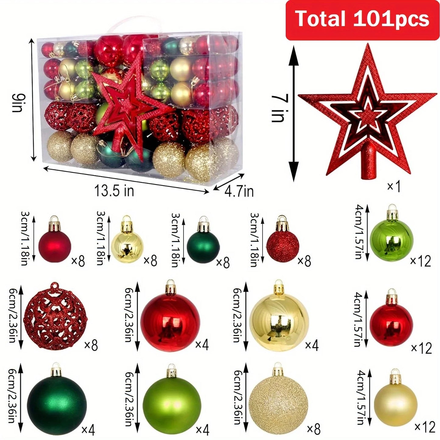 Holiday Ornament Set for Christmas Tree – 101-Piece Shatterproof Decor