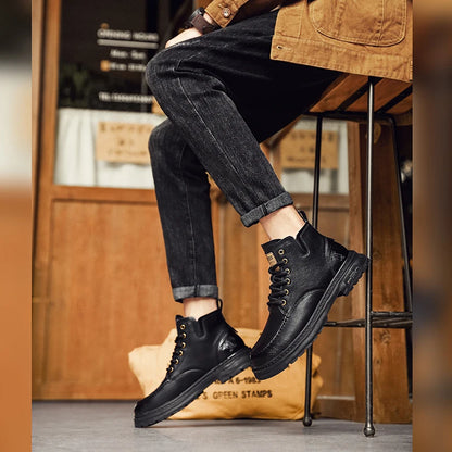 Brown Leather Mens Ankle Boots Lace Up Platform Outdoor