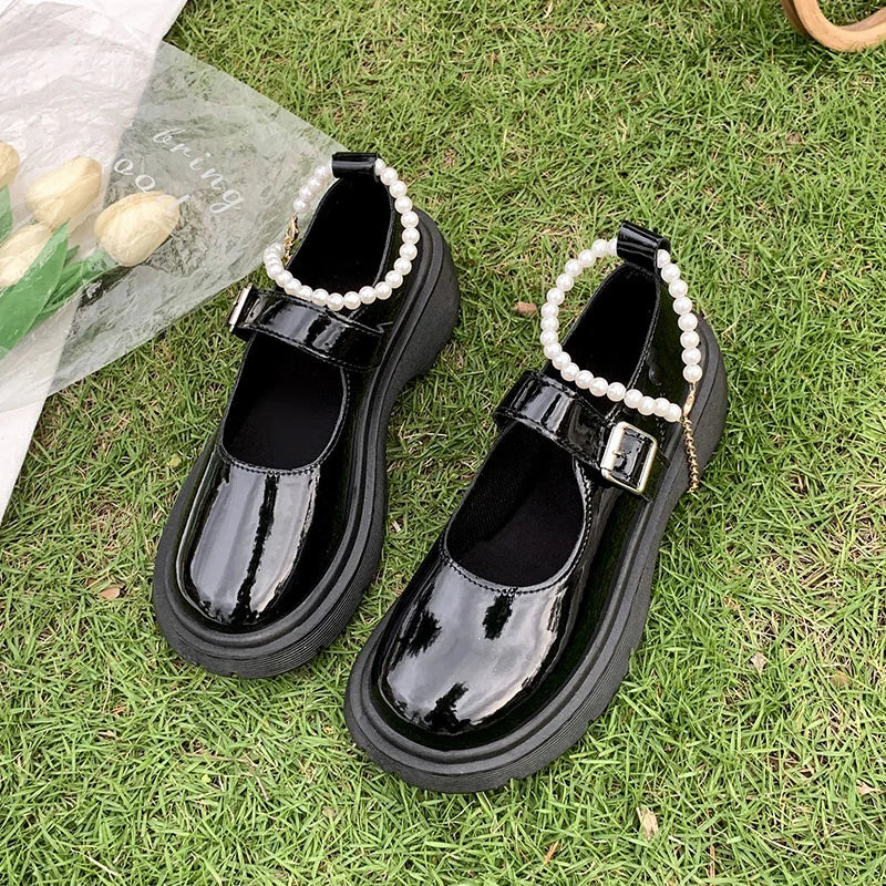 Women's Luxury Beaded Mary Jane Leather Shoes Spring/Autumn Fashion Comfortable Elegant Flat Black Walking Shoes Zapatos Mujer
