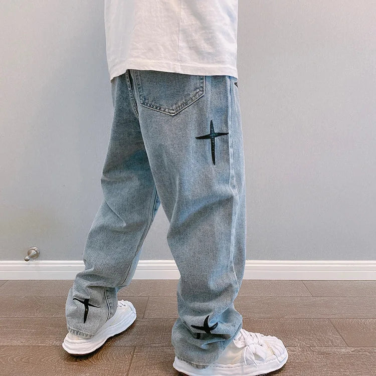 Mens Baggy Wide Leg Denim Cargo Pants Straight Fit