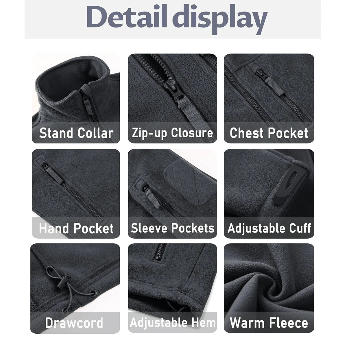 TACVASEN Men's Fleece Jacket Soft Warmth Windproof Full Zip Up Coat Multiple Zipper Pockets Hiking Working Outdoors Windbreaker