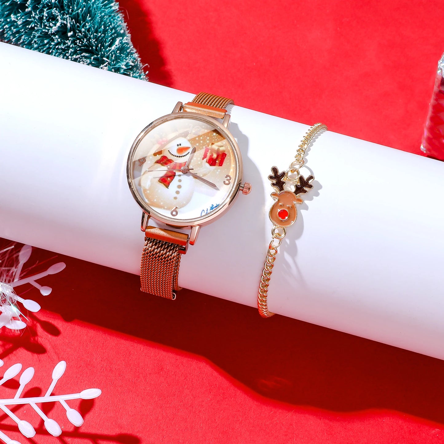 Festive Quartz Watch Accessory Set – Snowman & Reindeer Pattern
