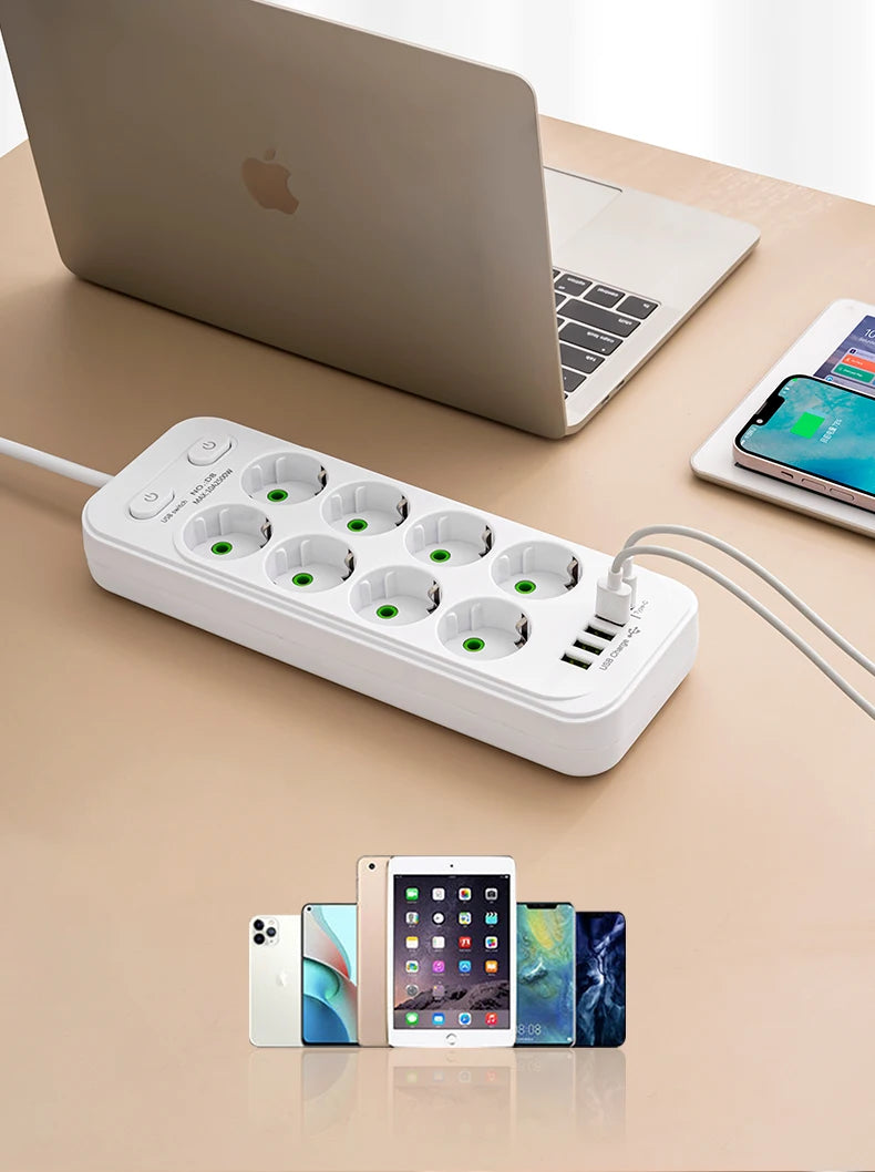 EU Plug Power Strip 6 AC Outlet Multitap Extension With 5 USB Ports 3m Cord Electrical Socket 2500W Fast Charge Surge Protector