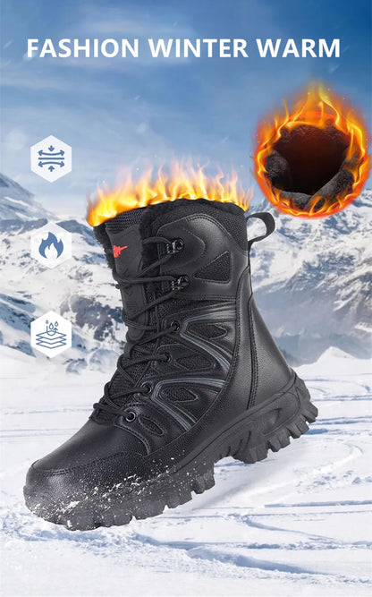 Men's Waterproof Leather Snow Boots Mid-Calf Lace-Up With Plush Lining
