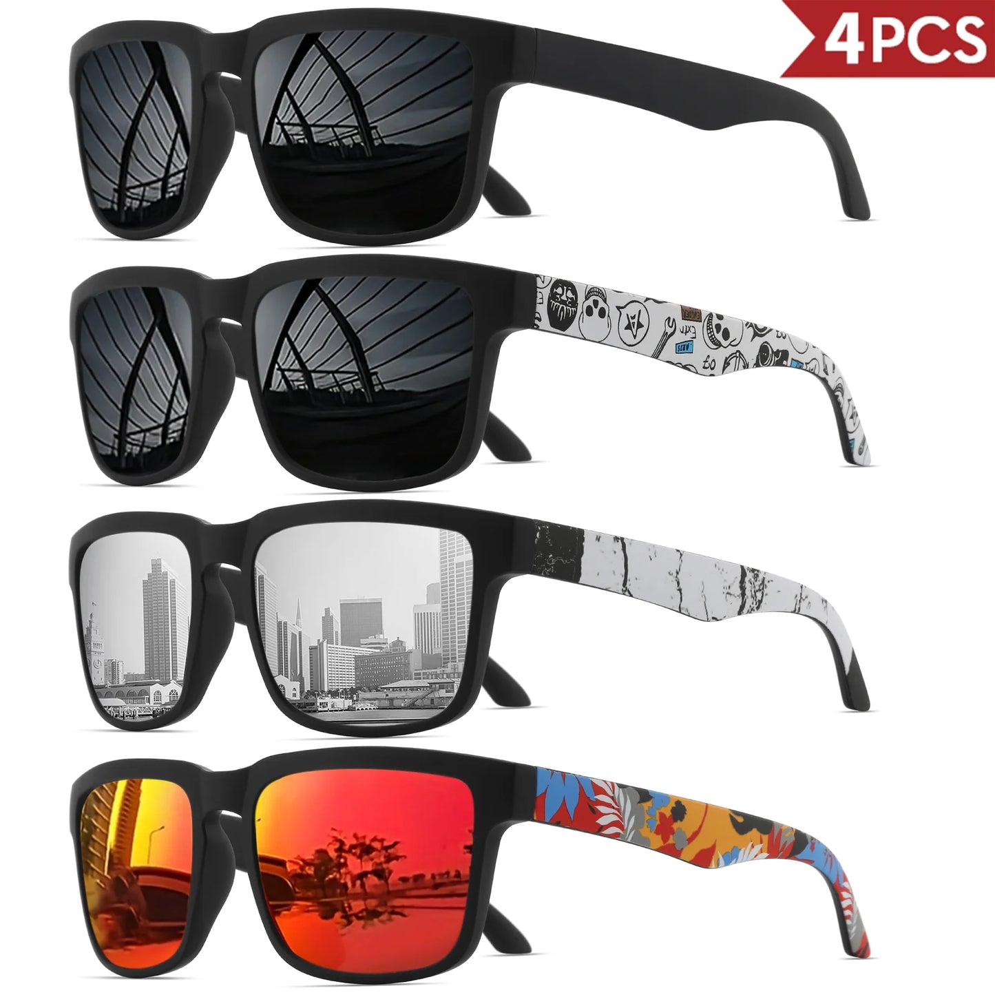 4PCS Square Sports Sunglasses with Designer Temple Pattern - UV400 for Men Women, Beach Vacation