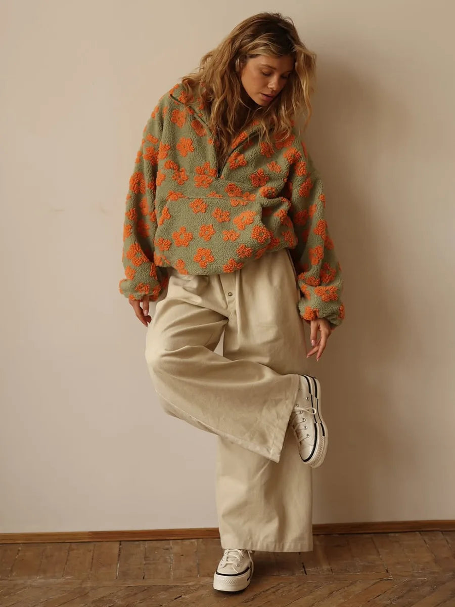 Blubelle New Autumn Winter Women's Sherpa Floral Pullover Hoodies Half Zip Style Loose Fit Warm Stylish Sweatshirt