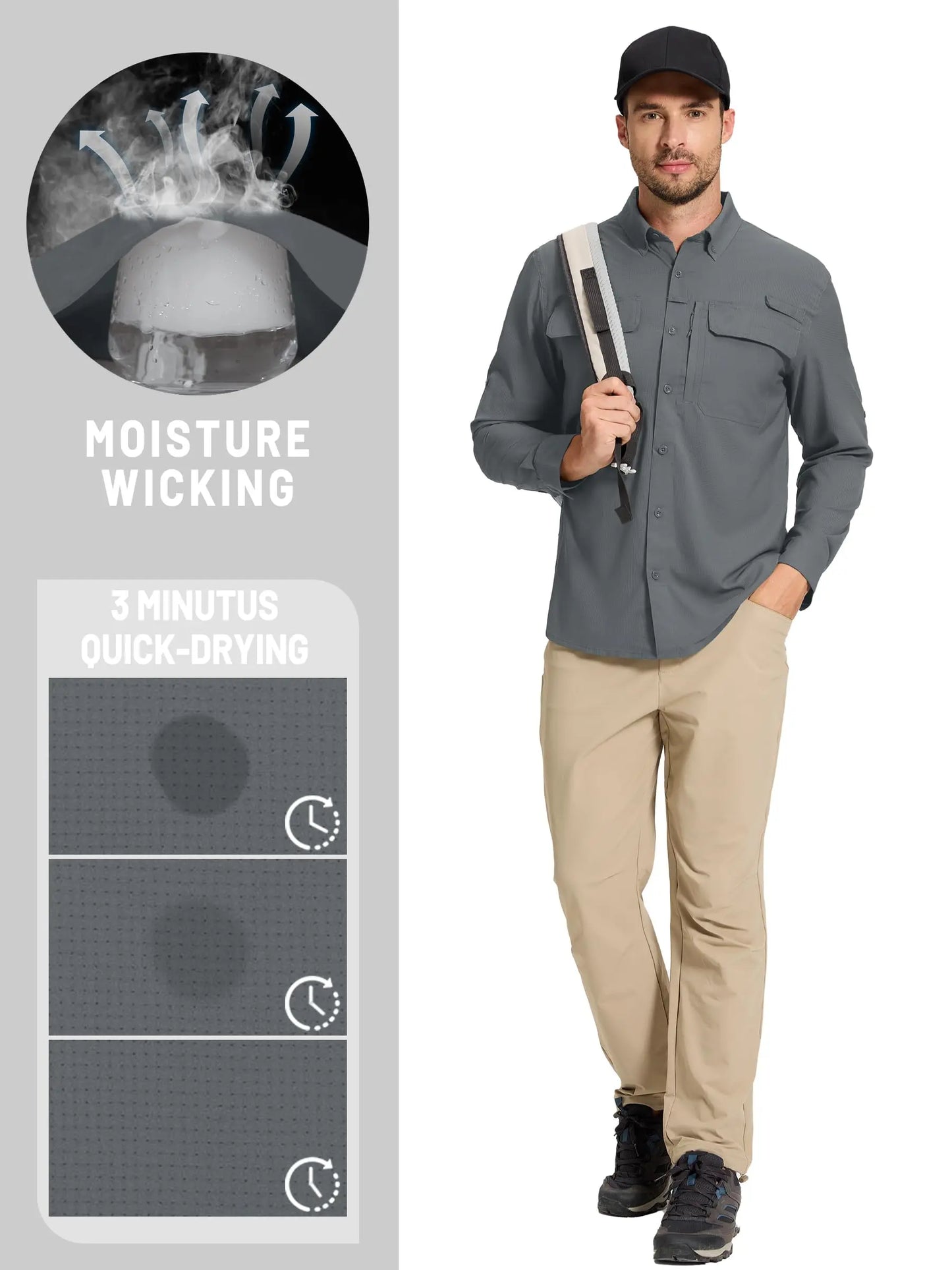 TACVASEN UPF 50+ Sun Protection Fishing Shirts Men's Quick Dry Long Sleeve Shirts Mesh Breathable Hiking Work Cargo Shirts