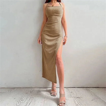 Womens Black Sleeveless Bodycon Dress Halter Neck Spaghetti Strap High Split