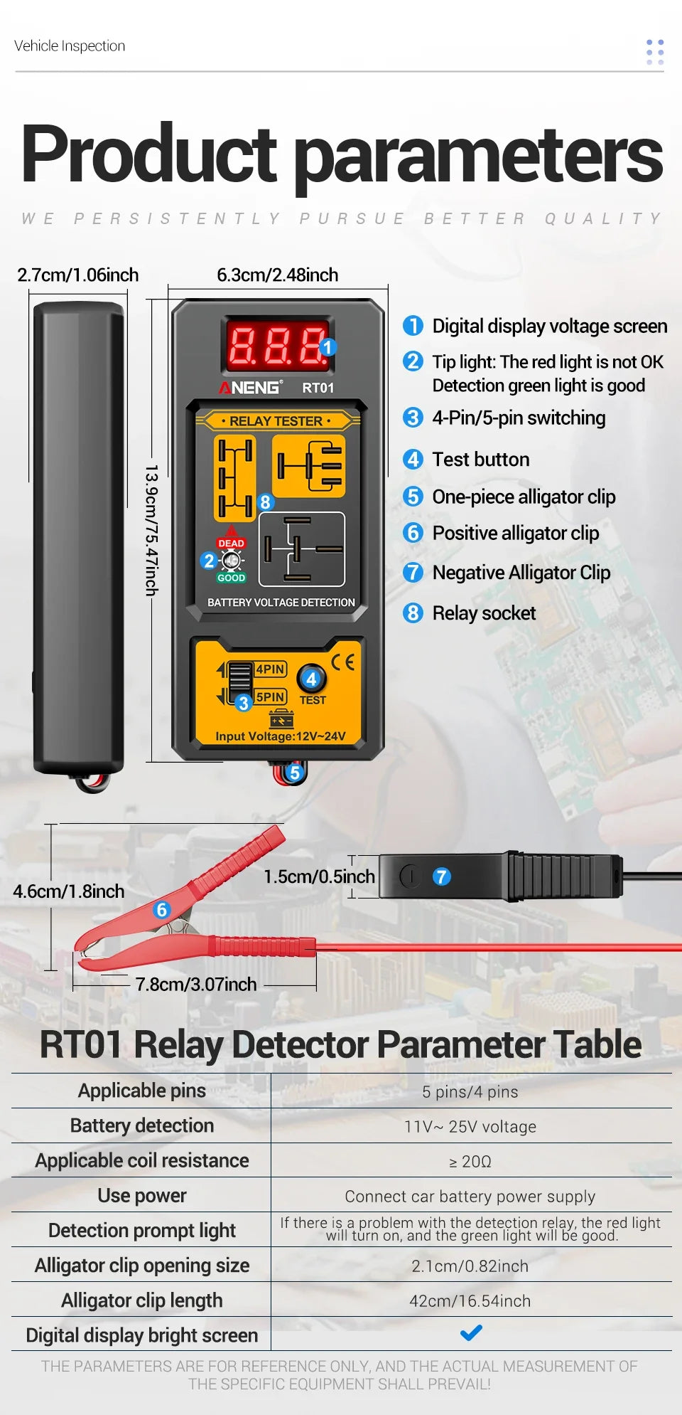 ANENG 11-25V Relay Detector RT01 Digital Universal 4/5 Pins Car Battery Vehicle Detection Digital Display Voltage Battery Tester