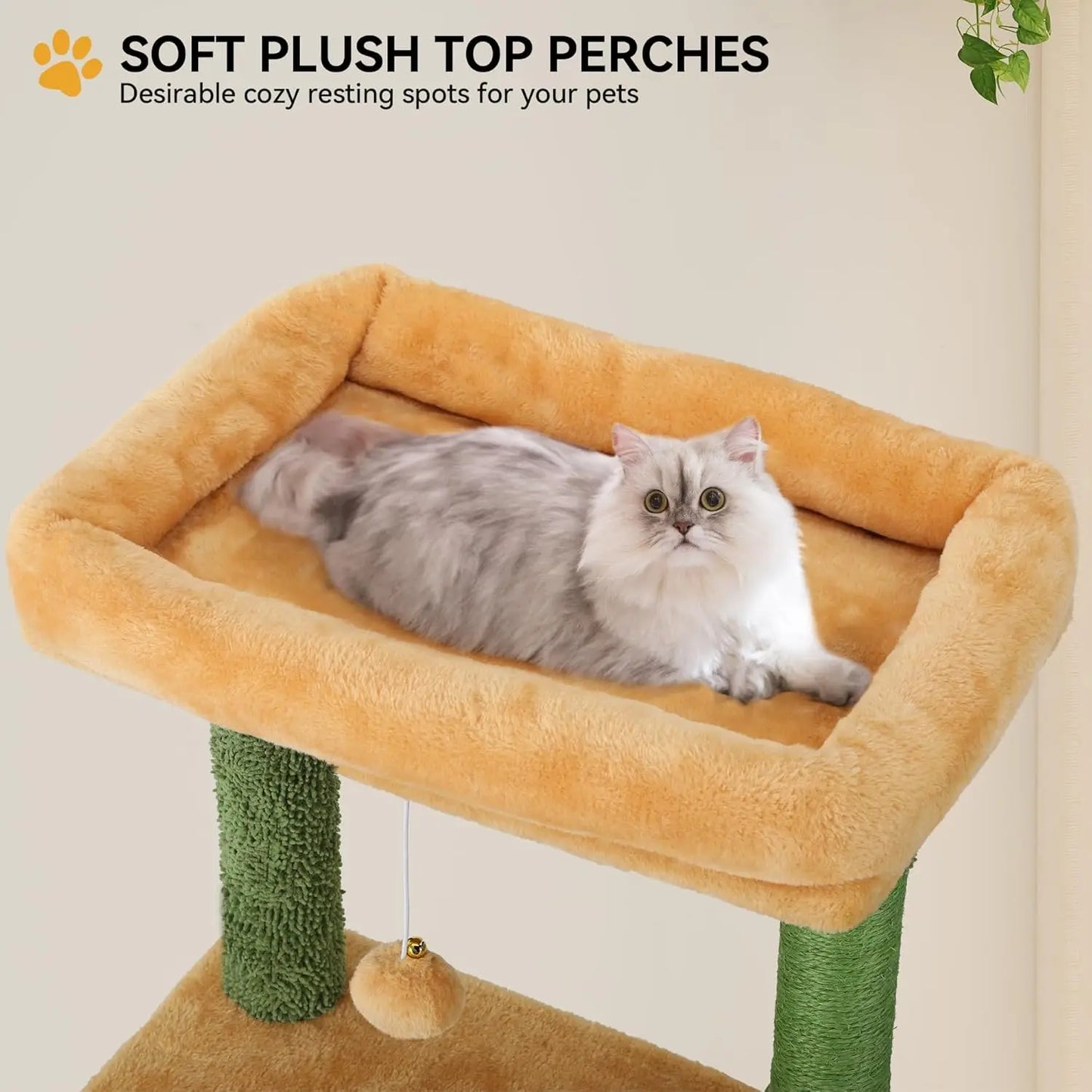 60in Tall Cactus Cat Tree Tower with Self-Grooming Brush, Climbing Condo, Perch, Basket, Scratching Posts for Indoor Cats