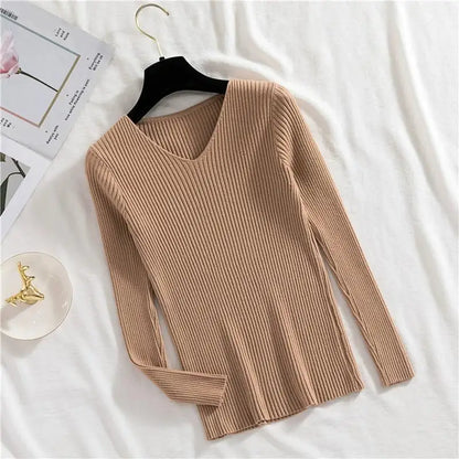 Women's V-Neck Knitted Pullover, Long Sleeve Slim Fit Jersey Top