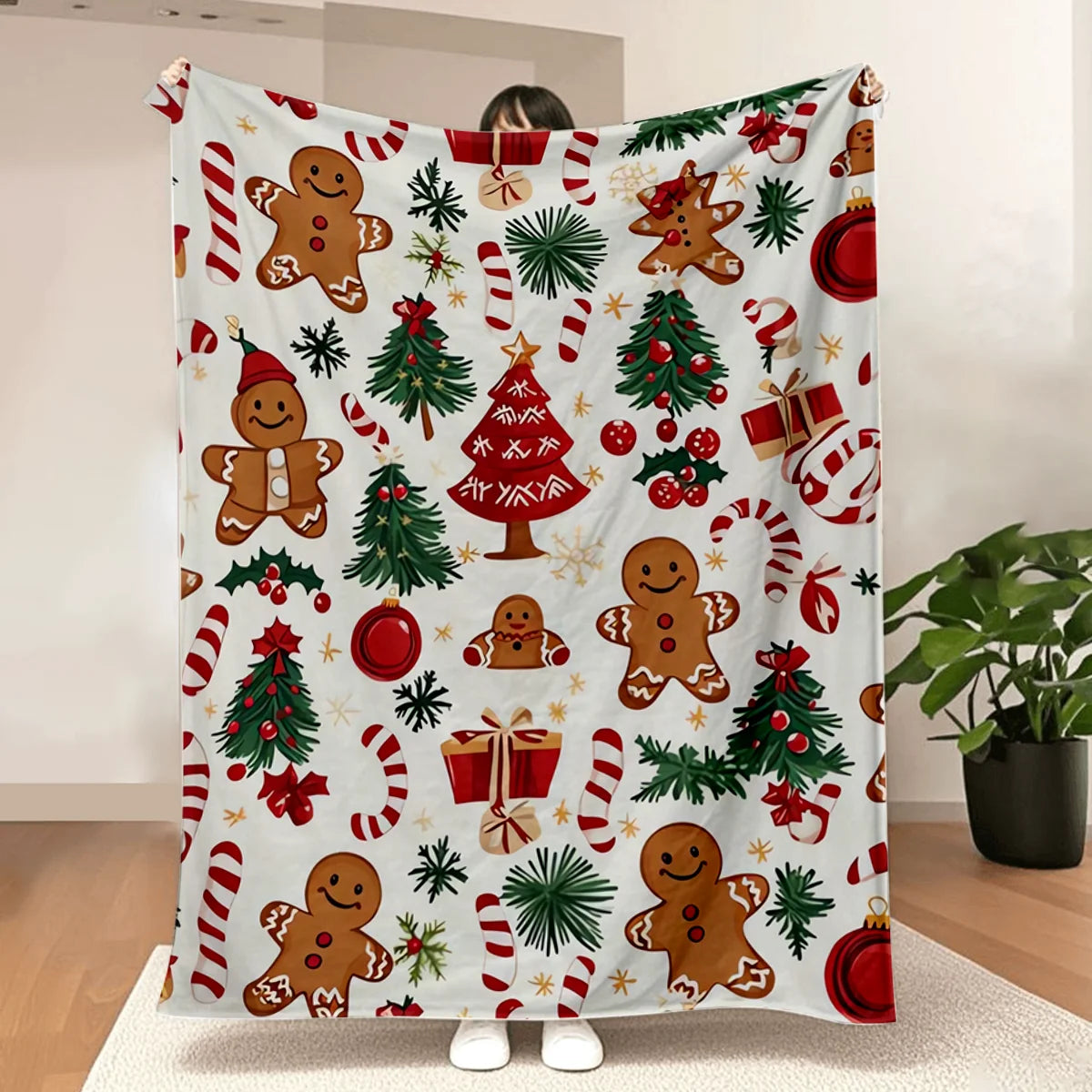 Ultra-Soft Christmas Flannel Throw Blanket – Gingerbread Wonderland Holiday Decor