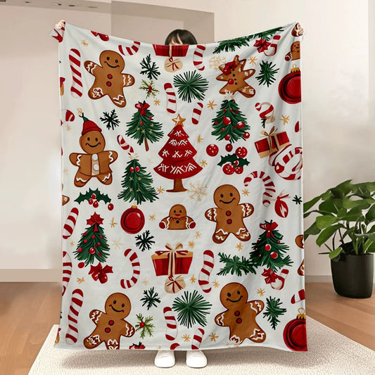Ultra-Soft Christmas Flannel Throw Blanket – Gingerbread Wonderland Holiday Decor