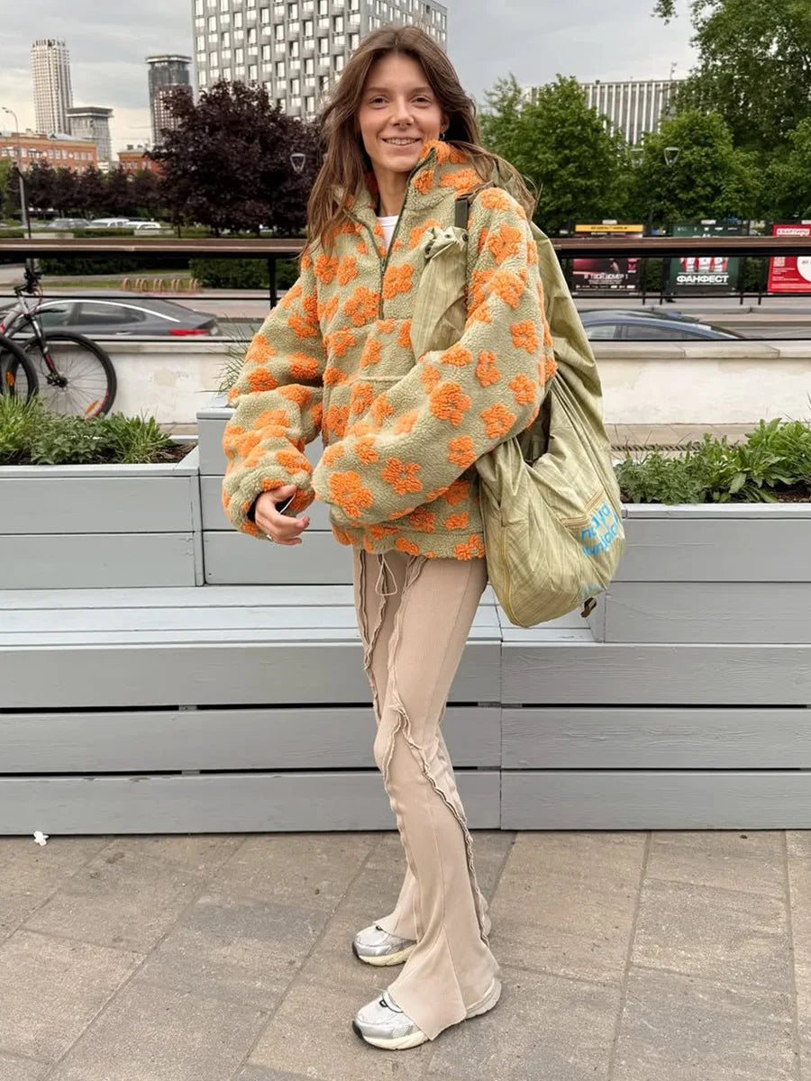 Blubelle New Autumn Winter Women's Sherpa Floral Pullover Hoodies Half Zip Style Loose Fit Warm Stylish Sweatshirt