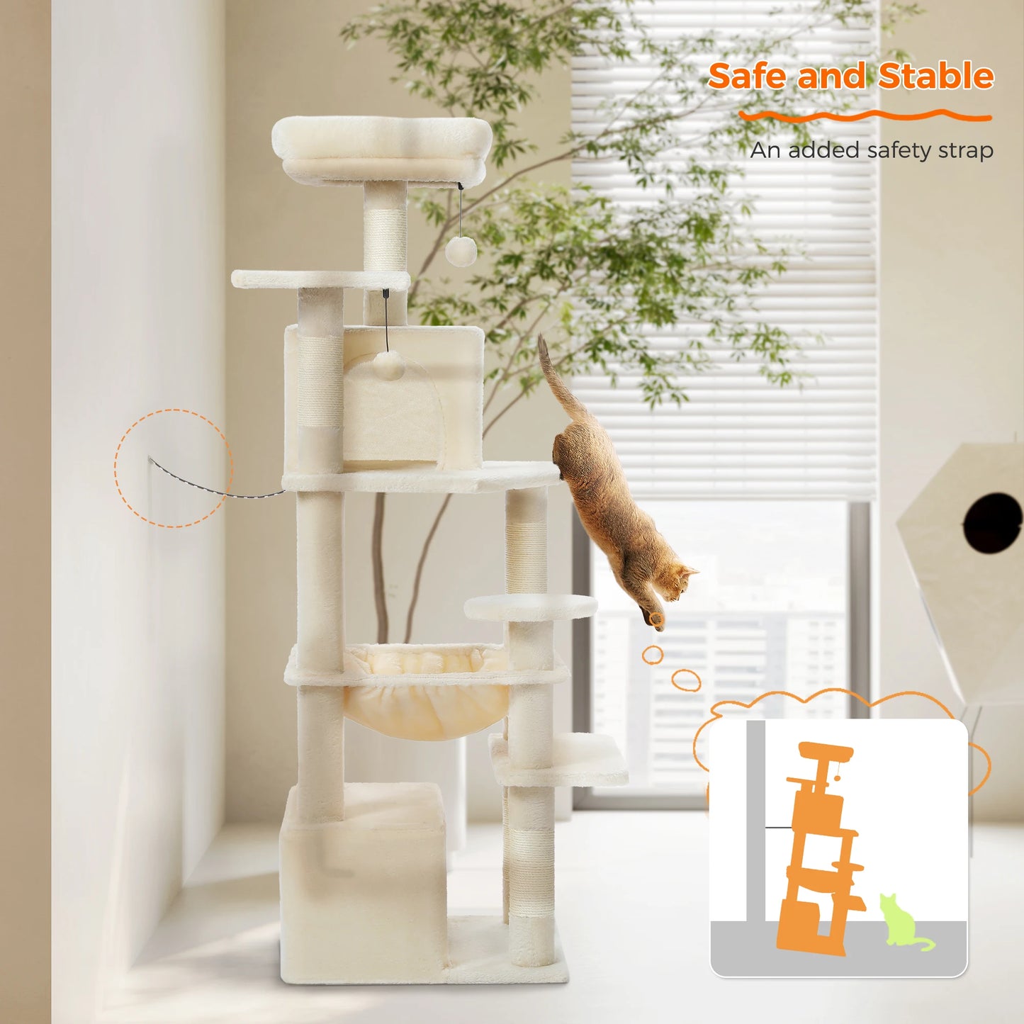6-levels Cat Tree Tower with Joyful Pompom,Cozy Hammock,Double Condos,2 Top Perches,5 Scratching Posts Perfect for Indoor Cats