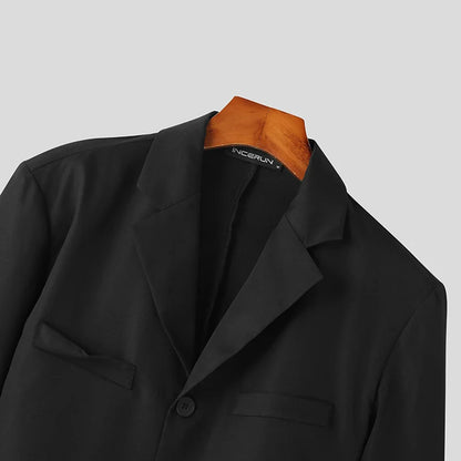 Men Blazer Solid Color Lapel Long Sleeve Single Button Polyester S-5XL Black