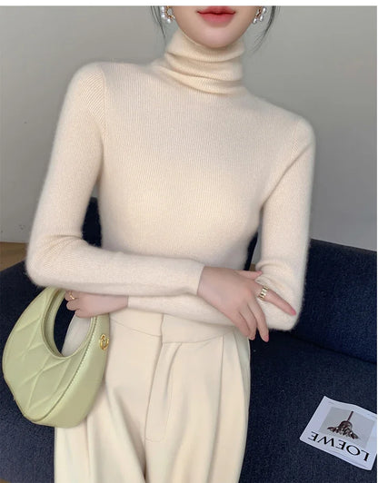 Women's Turtleneck Knit Pullover Sweater, Slim Fit, Long Sleeve, Solid