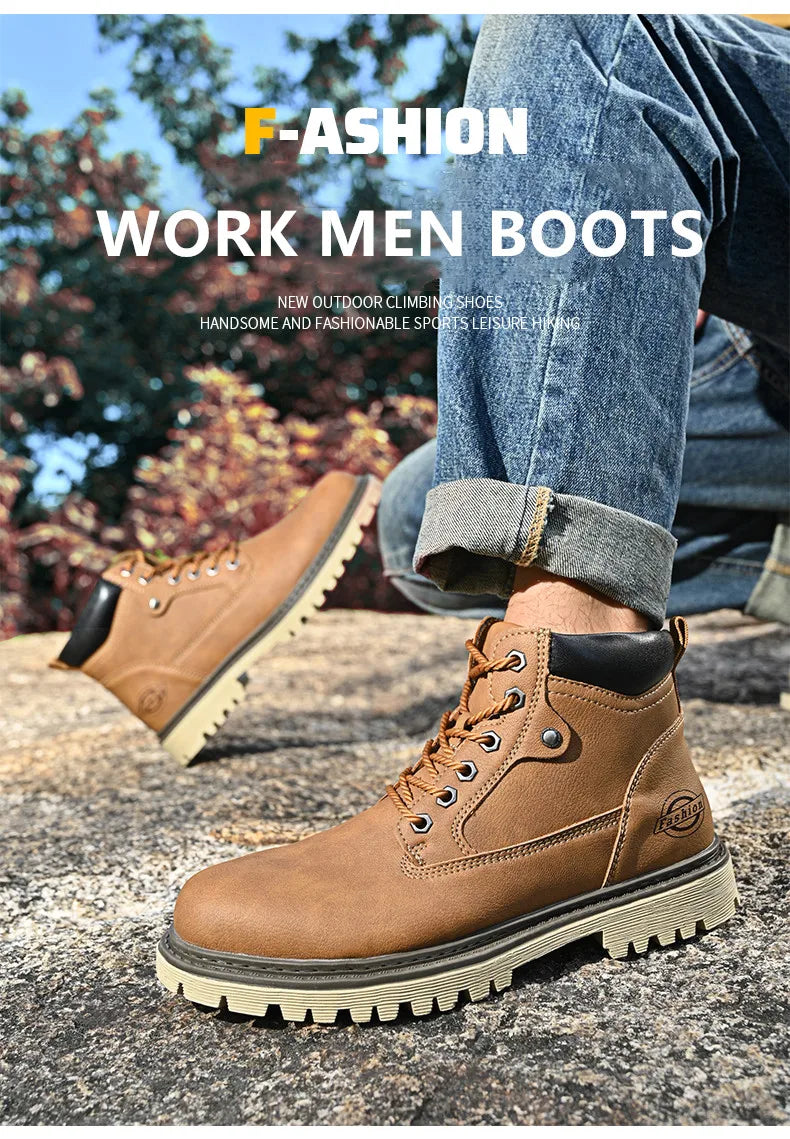 Leather Men Work Boots Mid Calf Ankle High Top Non Slip