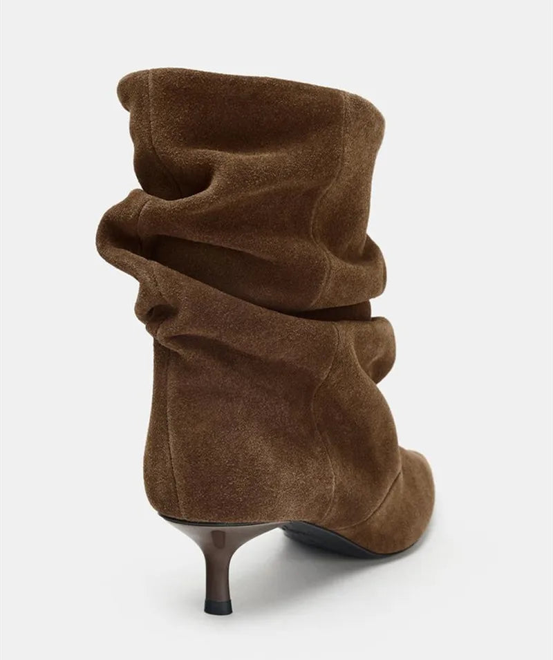 Suede Winter Women High Boots Pointed-Toe Pleated Short Boots Female Brown Retro Elegant Designer Ankle Boots Bottes Femmes