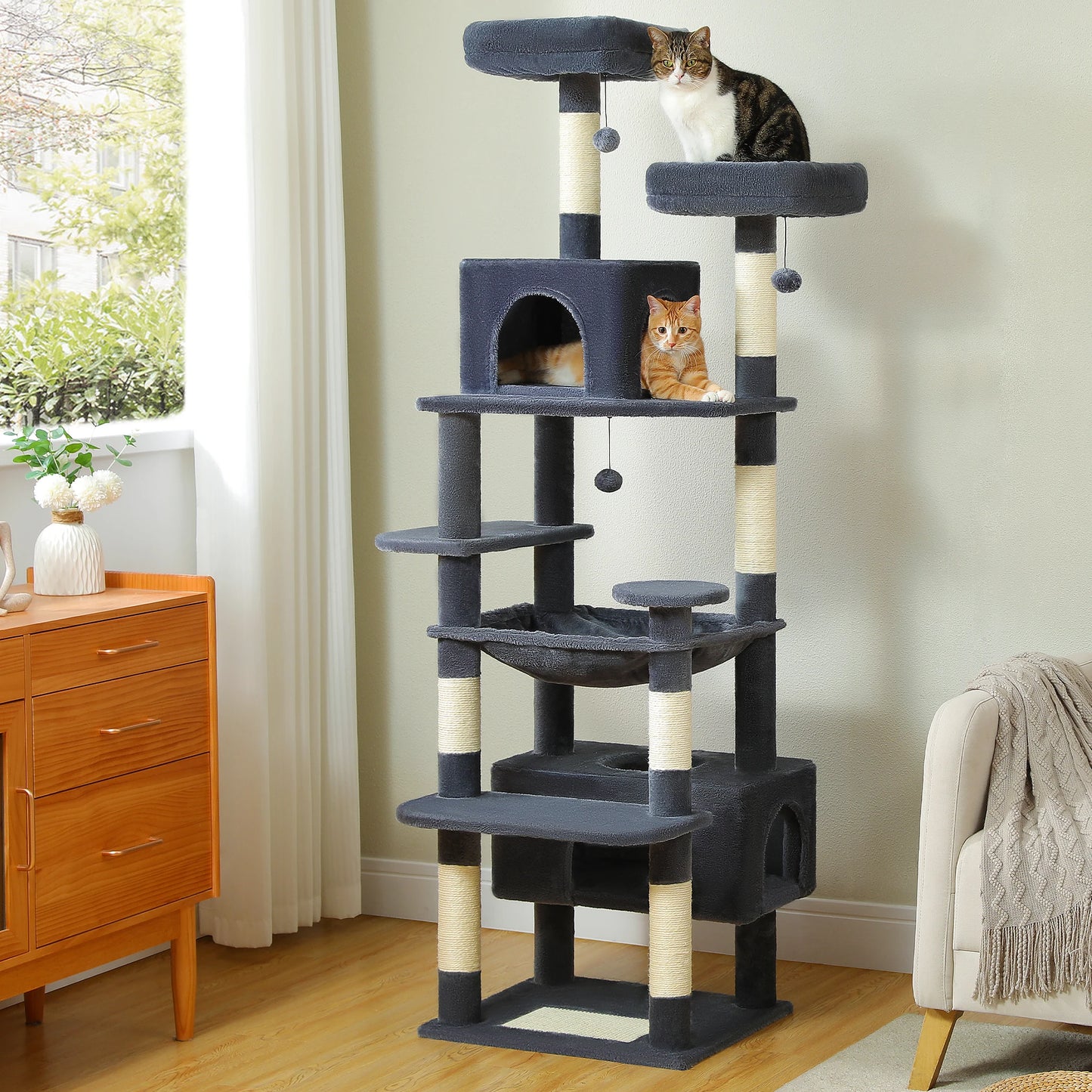 Spacious Cat Tree Tower with Hammocks and Scratching Posts