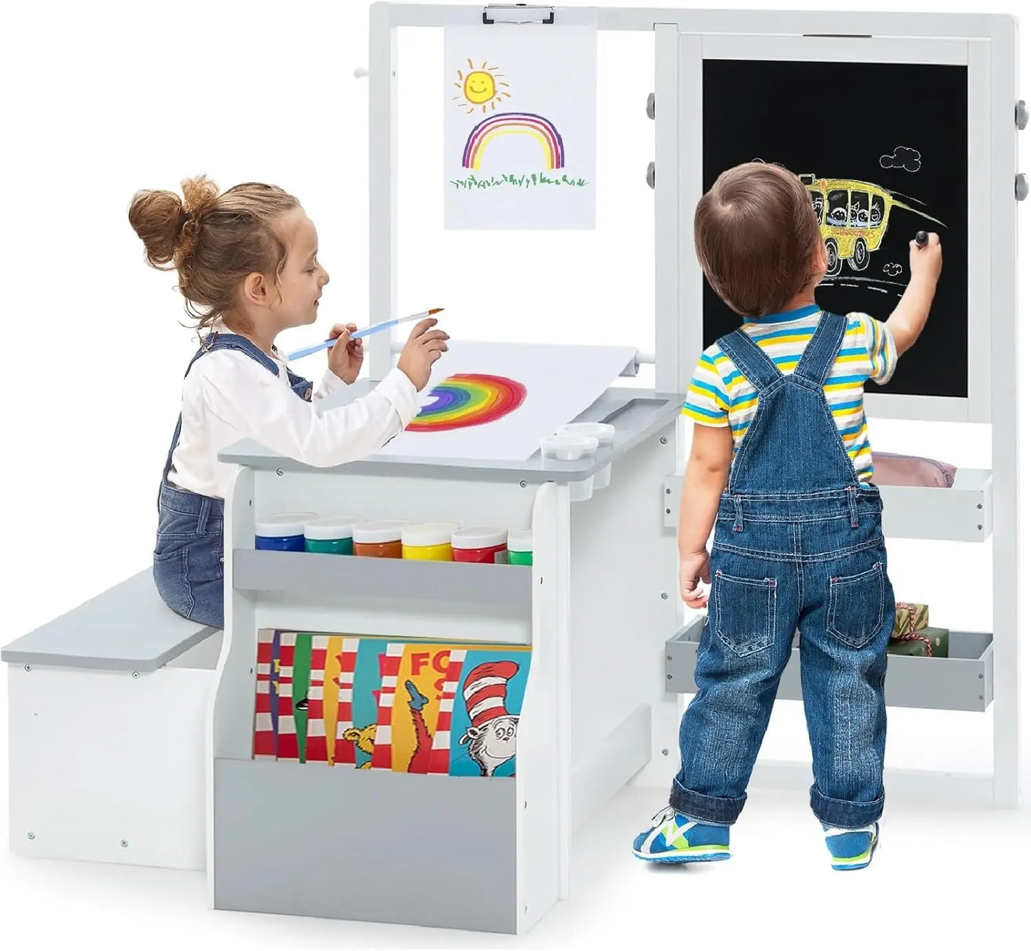 3-in-1 Adjustable Kids Art Table & Chair Set with Dual-Sided Easel, Paper Roll & Storage for Drawing & Play
