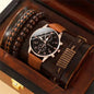 Elegant Leather Watch & Bracelet Set for Men – Fashion Quartz Wristwatch