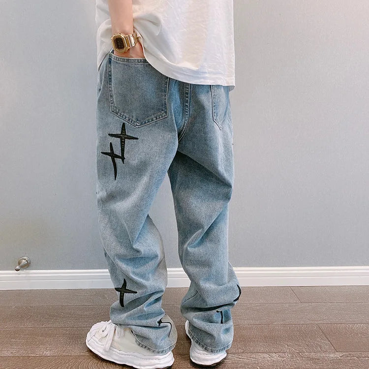 Mens Baggy Wide Leg Denim Cargo Pants Straight Fit
