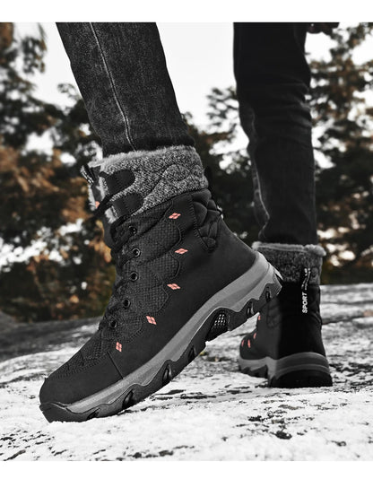 Men's Winter Snow Boots Leather Waterproof Mid-Calf Plush Lining Lace-Up