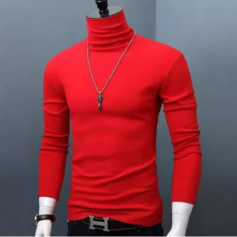 New Men Fashion T Shirt Tees Slim Tops Male Stretch T-shirt Turtleneck Long Sleeve Tee Shirts High Collar Men's Tees