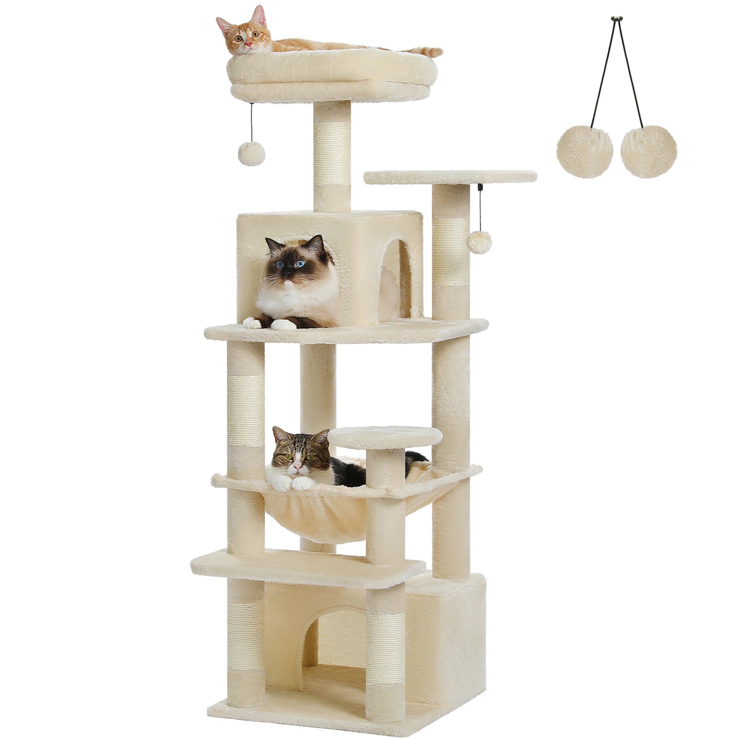 6-levels Cat Tree Tower with Joyful Pompom,Cozy Hammock,Double Condos,2 Top Perches,5 Scratching Posts Perfect for Indoor Cats