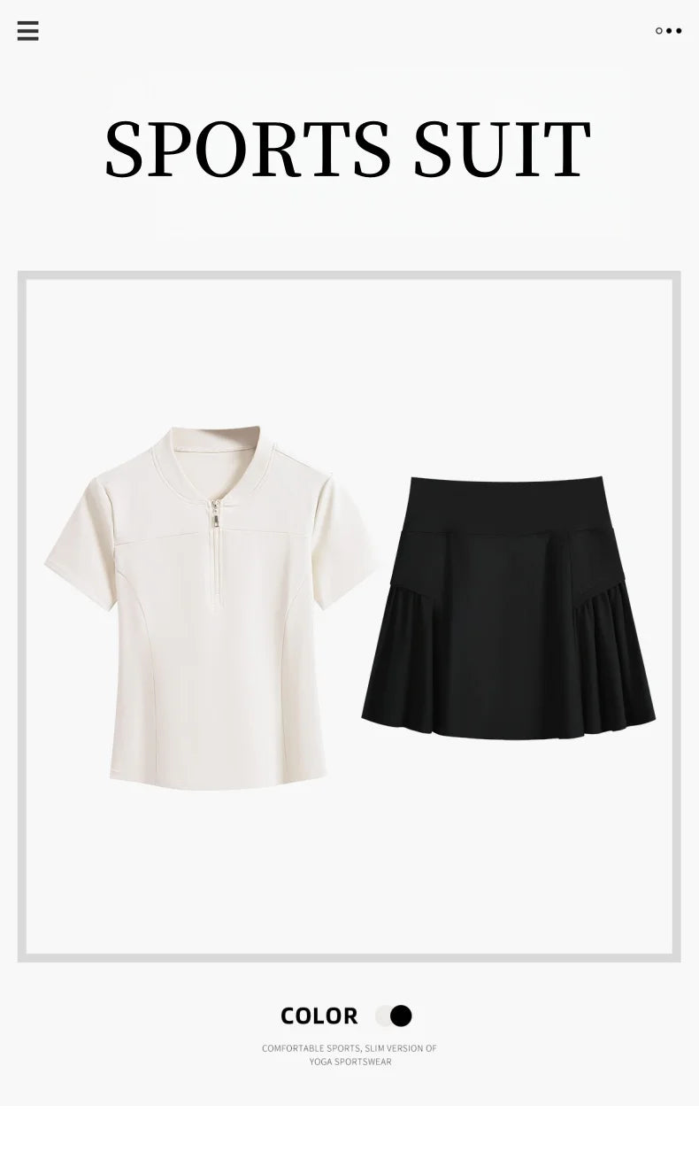 DRUR Women Tennis Skirt Set Summer Slim Fit Lightweight Gym Outfit 2 Piece Sport Top Skort Suit 2pcs Tracksuit Ladies Golf Wear