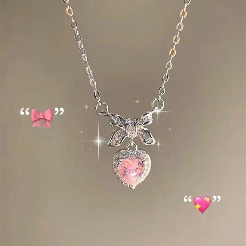 Fashion Pink Planet Heart Zircon Necklace Women Charm Aesthetic Clavicle Chain Necklace Valentines Day Gift Party Jewelry