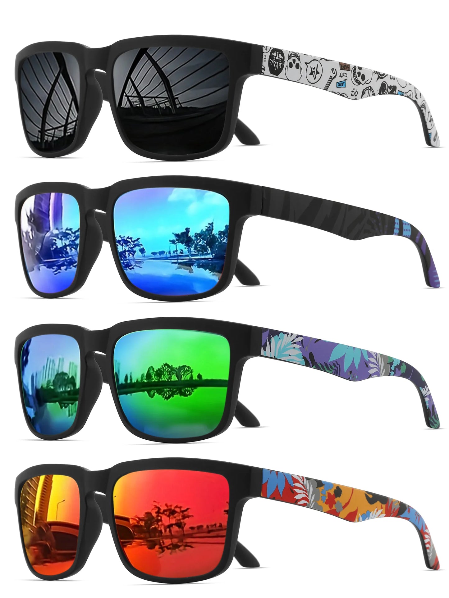 4PCS Square Sports Sunglasses with Designer Temple Pattern - UV400 for Men Women, Beach Vacation