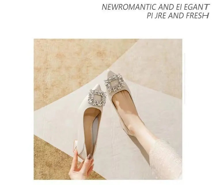 Women's Elegant Black Mid Block Heels Pumps with Crystal Rhinestone Pointed Toe Dress Shoes