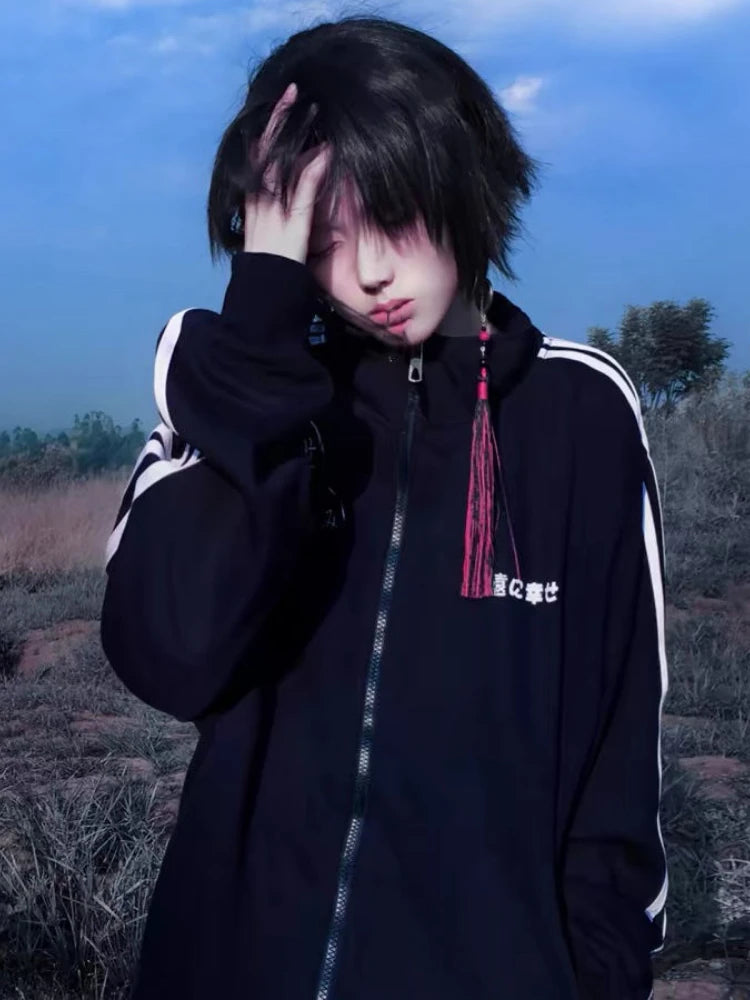 Japanese Casual Stand Neck Hoodie Women Men Streetwear Letter Print Zipper Grunge Sweatshirt Y2k Aesthetic Loose Patchwork Hoody