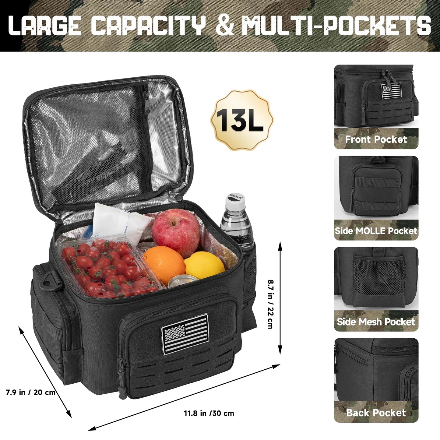 13L Tactical Thermal Cooler Bag Picnic Cooler Box Camping Lunch Bag Outdoor Heavy Duty Lunch Box Cooler Backpack Camping Storage