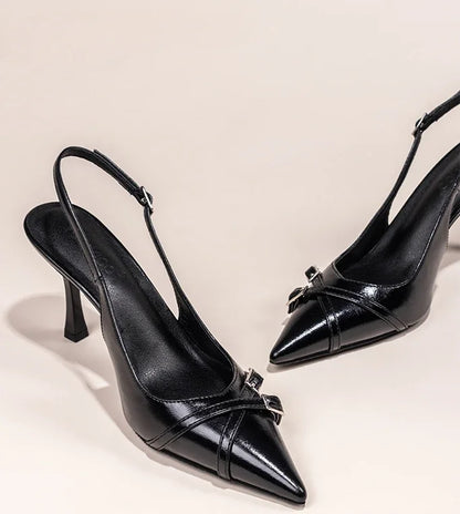 Women Black Pointed Toe Stiletto High Heel Shoes Back Strap Buckle Decor