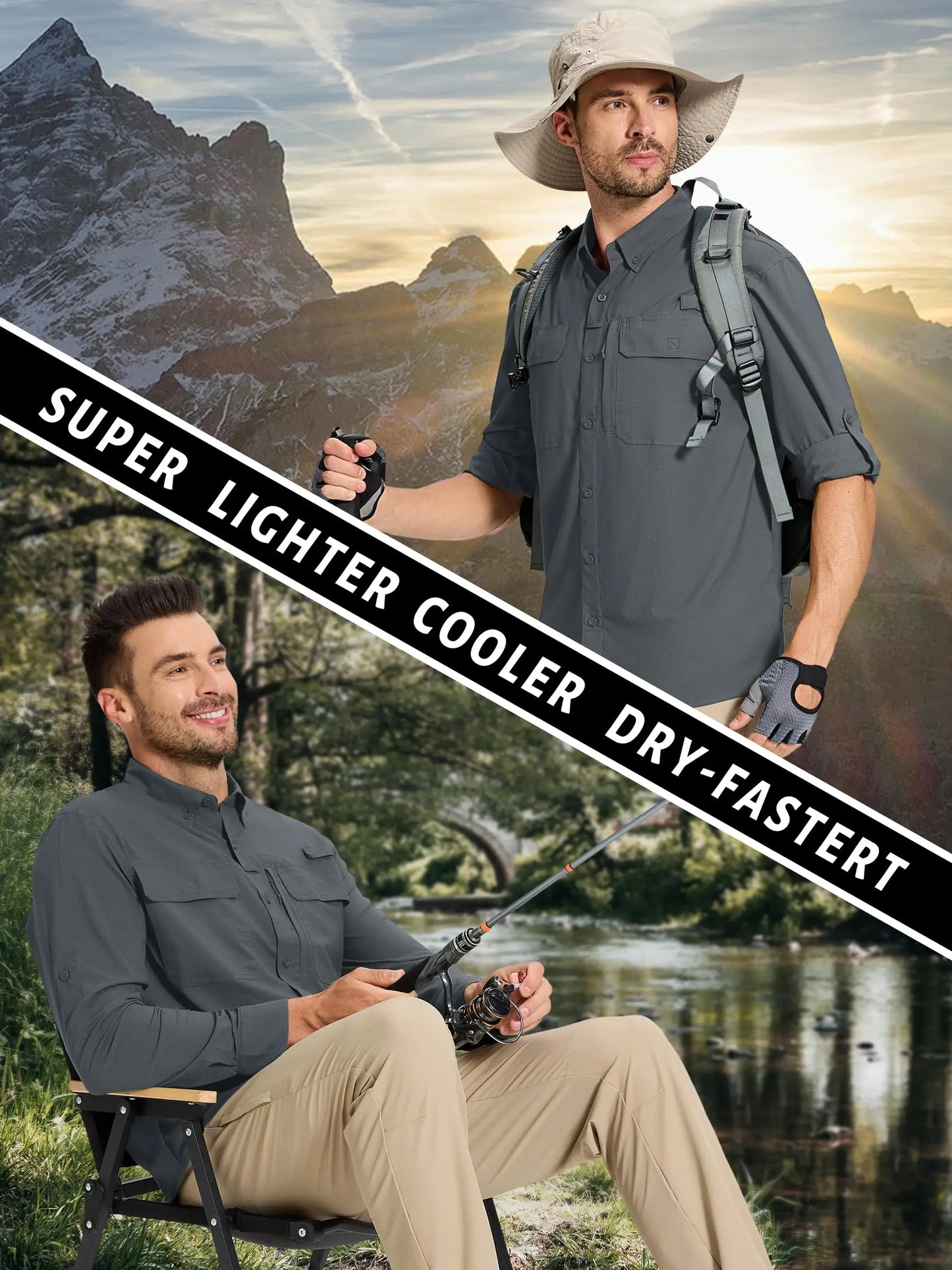 TACVASEN UPF 50+ Sun Protection Fishing Shirts Men's Quick Dry Long Sleeve Shirts Mesh Breathable Hiking Work Cargo Shirts